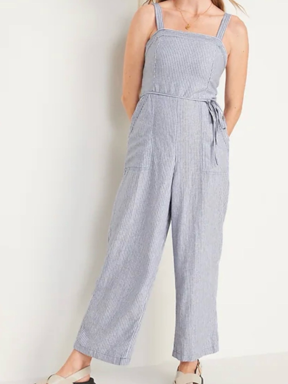 Old Navy Linen Blend Sleeveless Stripe Coastal Wide Leg Ankle Length Jumpsuit
